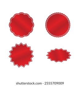 Set of four red badge designs with white borders. Perfect for lebels, stickers, promotions, or decorative purposes. Includes various shapes: round, scalloped, and starburst styles.