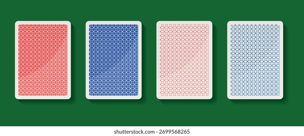 Conjunto de cuatro respaldos de cartas rojas y azules con patrones geométricos y variaciones de textura afligida sobre un fondo verde
