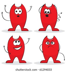 Set of four red cartoon devils. Vector illustration