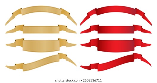 a set of four red and gold ribbon banner isolated on white background for decks, collages, scene design, User interface, Branding or identity campaign, Stationery prints layout, Presentations material