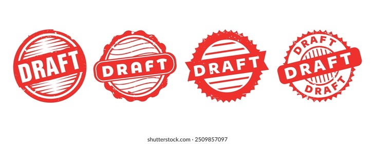 Set of four red grunge draft stamps with various designs, including circle, scalloped, and starburst shapes, for indicating preliminary versions or work in progress