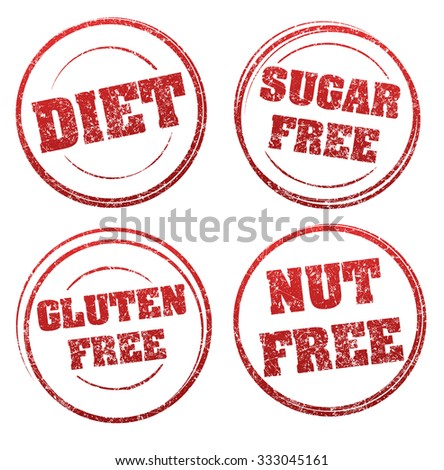 Set of four red grunge rubber stamps with captions: DIET, SUGAR FREE, GLUTEN FREE, NUT FREE