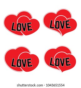 Set of four red hearts on a white background with black inscription Love. Vector illustration.

