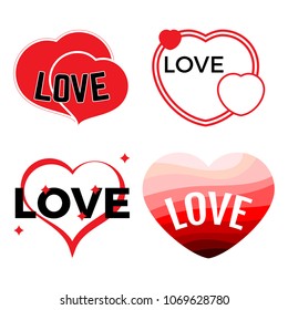 Set of four red hearts on a white background with inscription Love. Vector illustration.