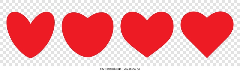 A set of four red hearts on a transparent background. Cartoon heart icons. Vector EPS 10.