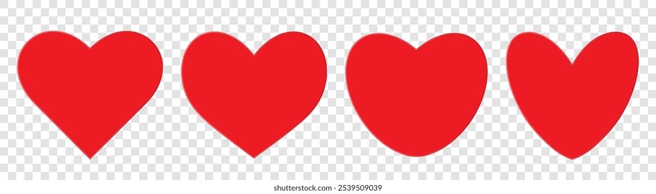 A set of four red hearts on a transparent background. Red heart stickers. The concept of February 14th. Vector illustration.