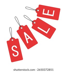 Set of four red labels with SALE text. Black Friday, Cyber Monday, Christmas sales, retail promotion, holiday sale, e-commerce, social media, flyers, online shopping ads, banner, poster, discount