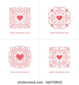 Set of four red linear heart emblems for Valentine's day, Mother's day, Women's day greeting card. Wedding and love design concept