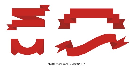 A set of four red ribbon banners in various shapes and styles, ideal for web and print decorations and graphic designs.