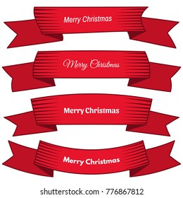 Set of four red ribbons and banners with an inscription Merry Christmas. Great design element isolated on white background. Vector illustration.
