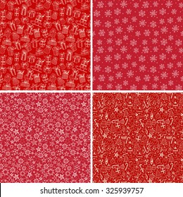 Set of four red seamless Christmas backgrounds with snowflakes, gift boxes and other elements.