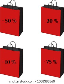 Set of four red shopping bags with a percentage discount sale on white background