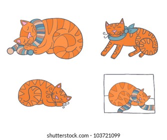 Set of four red sleeping cats