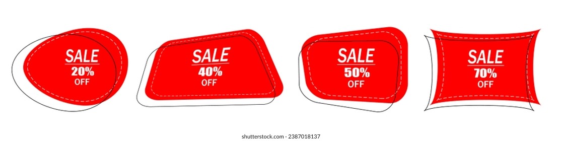 A set of four red stickers with a sale price on a white background. Discount stickers, advertising badge, trade label. Vector illustration.