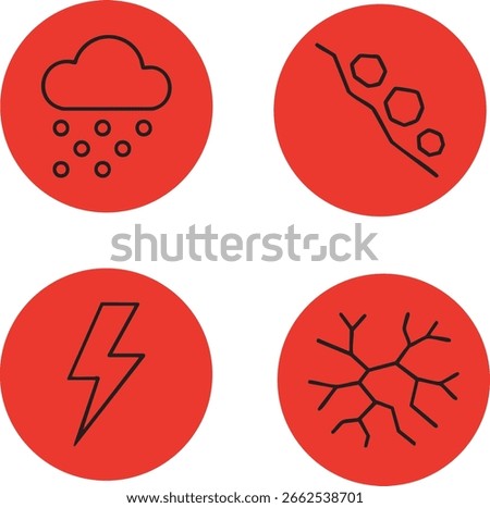 A set of four red-circle icons depicting hail shower, rockfall slope, lightning bolt, and branching ground fissure.