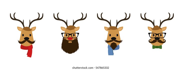Set of four reindeer dressed like hipsters