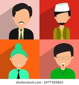 Set of four religion character Hindu Muslim, Sikh and Christian Cartoon Man Vector Illustration.