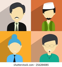 Set Of Four Religion Character With A Hindu Man, Muslim Man, Sikh Boy And A Christian  Boy On Colorful Background.