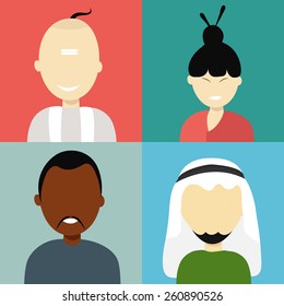 Satz von vier religiösen Figuren mit einem jungen südindischen Mann, chinesischem Mädchen, chinesischem Mann und einer Scheich auf buntem Hintergrund.