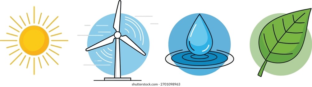 Vier Vektorgrafiken mit Symbolen für erneuerbare Energien - Solar, Wind, Wasser und Biokraftstoff