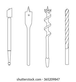Set of four repair tools (double-twist auger bit, glass-cutter, solid centre auger bit, spade bit, twist bit), outline illustration for web or typography (magazine, brochure, flyer, poster), EPS 10. 