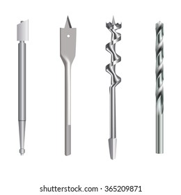 Set of four repair tools (double-twist auger bit, glass-cutter, solid centre auger bit, spade bit, twist bit), realistic illustration for web or typography (magazine, brochure, flyer, poster), EPS 10.