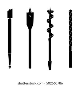 Set of four repair tools, double-twist auger bit, glass-cutter, solid centre auger bit, spade bit, twist bit, silhouettes with white details. Illustration for web or typography.