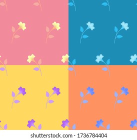 Conjunto de cuatro patrones botánicos simétricos repetidos. Filas horizontales de flores con tallos y hojas. Colores pasteles. Patrón geométrico sin foco. Ilustración vectorial.