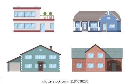 Set of four residention houses. Living cottage set. Apartament building. Home facade with doors and windows. Real estate buildings. Vector illustration.