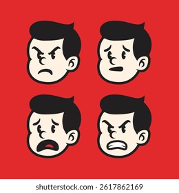 Set of four retro cartoon boy face expressions in vintage comic style. Vector illustration perfect for stickers, branding, packaging, or nostalgic character design