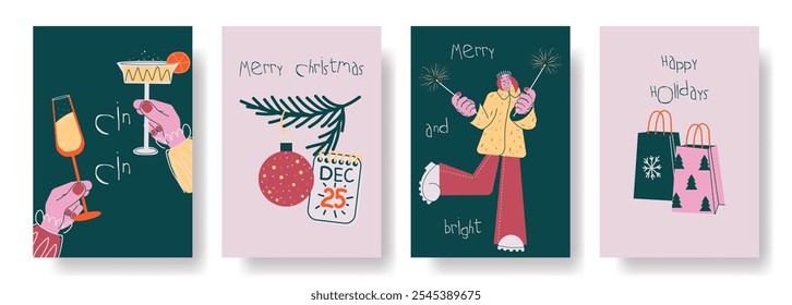 Set of Four Retro Christmas and Holiday Greeting Cards with Festive Elements: Drinks, Ornaments, Sparklers, Gift Bags, and Calendar – Vector Illustration for Merry and Bright Celebrations