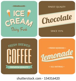 A set of four retro designs - packaging for coffee, ice cream, chocolate and lemonade.