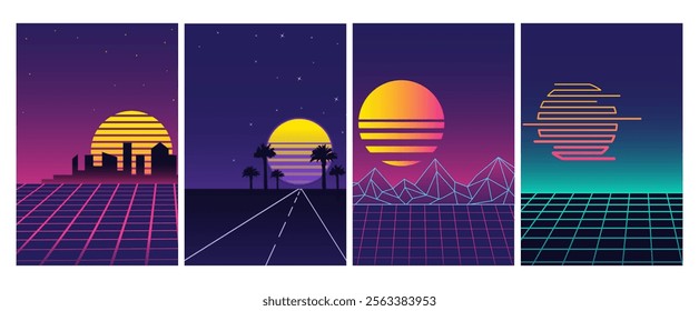 Set of four retro futuristic vaporwave posters with neon grids, geometric mountains, silhouetted cityscapes, palm trees, and vibrant gradient sunsets. Vertical abstract vector banners with copy space