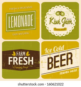 A set of four retro packaging designs for lemonade, kiwi jam, beer and farm fresh products.