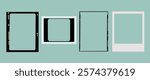 Set of four retro photo frames on a teal background. Vintage frames include polaroid and film styles. Ideal for photography and design projects. Instant photo frames, vector set.