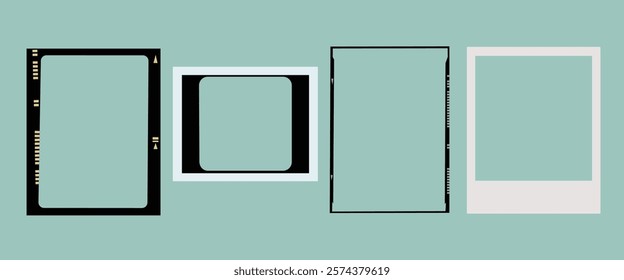 Set of four retro photo frames on a teal background. Vintage frames include polaroid and film styles. Ideal for photography and design projects. Instant photo frames, vector set.