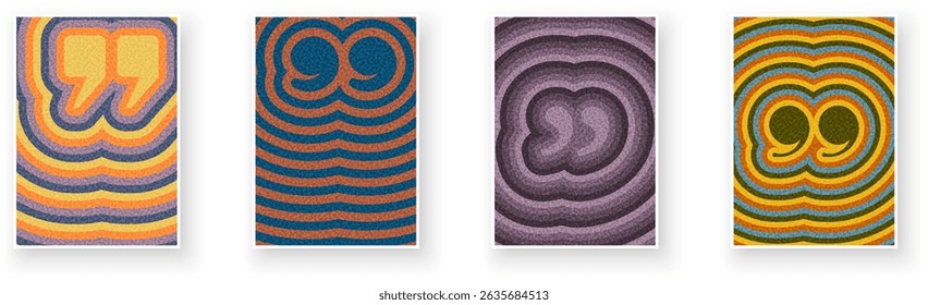 Set of four retro quotation mark designs with wavy striped textures. Vector illustration in bold, vivid color schemes.
