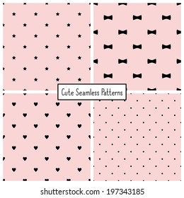 Set of four retro seamless backgrounds with stars, bows, hearts and dots. Vector patterns.
