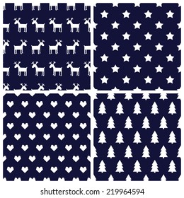 Set of four retro seamless backgrounds with stars, hearts, deers, christmas trees. Vector patterns for winter holidays.
