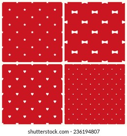 Set of four retro seamless backgrounds with stars, bows, hearts and dots. Cute vector patterns for winter holidays.