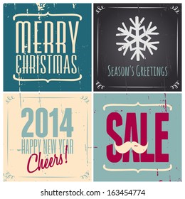 A set of four retro style Christmas greeting cards, isolated on white.
