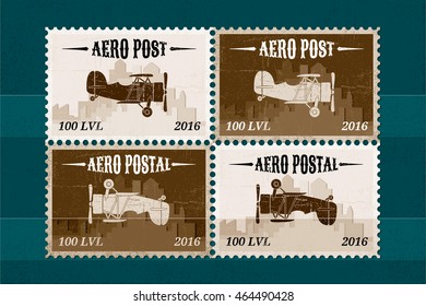 Set of Four Retro Style Stamps with Old Airplane and Text in Front of the City Silhouette on Album Page Illusion - Black and Brown Elements on Turquoise Grunge Background - Flat Design