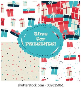 Set of four retro styled seamless patterns with present boxes