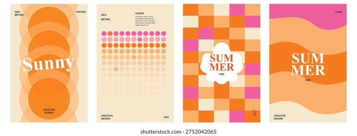 Set of Four Retro Sunny Summer Themed Posters Featuring Geometric Shapes and Groovy Wave Patterns in Vibrant Orange and Pink Tones