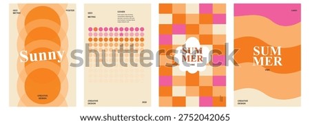 Set of Four Retro Sunny Summer Themed Posters Featuring Geometric Shapes and Groovy Wave Patterns in Vibrant Orange and Pink Tones