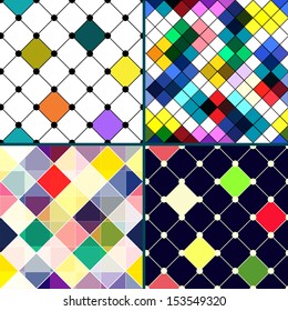 Set of four retro vector seamless pattern. Colorful mosaic banner. Repeating geometric tiles with colored  rhombus. Geometric background.