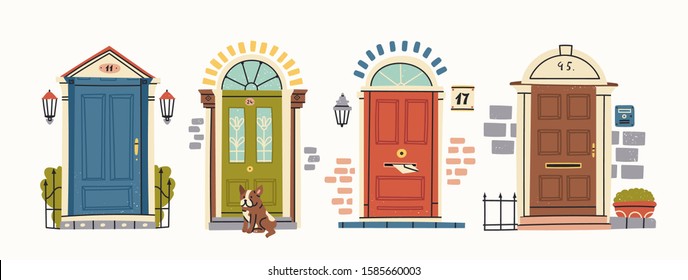 Set of four retro vintage Front Doors. Brick wall. Lamp on a wall. Windows. Sitting bulldog. House Exterior. Home Entrance. Hand drawn colored vector illustration. Isolated on a white background