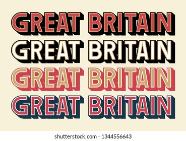 Set of four retro, vintage style completely hand crafted colorful Great Britain banners, words.