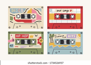 Set of four Retro Vintage tape Cassettes. Various audio tapes. Different Mixtapes. Disco, Our songs, Hip- Hop, Summer hits. Hand drawn colored Vector illustration. Every cassette is isolated