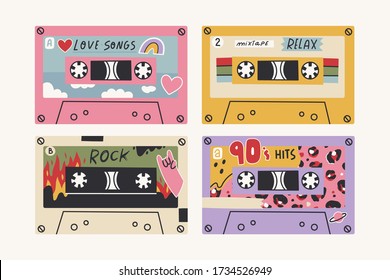 Set of four Retro Vintage tape Cassettes. Various audio tapes. Different Mixtapes. Love songs, Relax, Rock, Nineties hits. Hand drawn colored Vector illustration. Every cassette is isolated